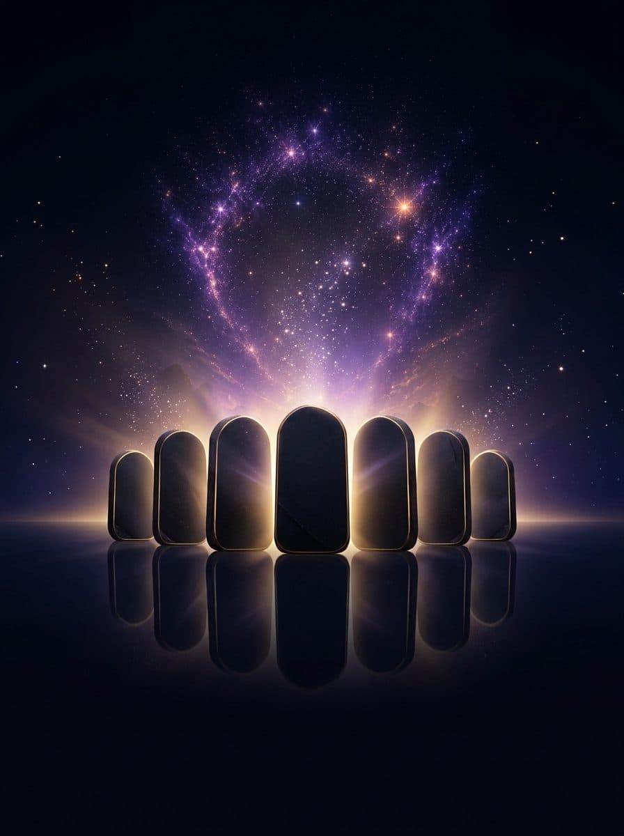 Seven dark stone monoliths with glowing gold rims and a celestial starlight aura rising into deep space