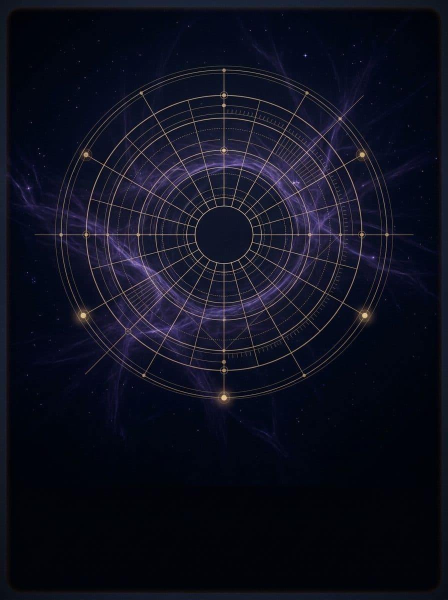 Intricate geometric blueprint of concentric gold rings and radial lines suspended in deep cosmos