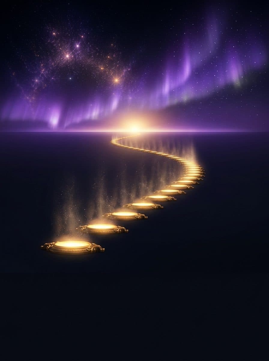 A path of practice days crossing a night landscape